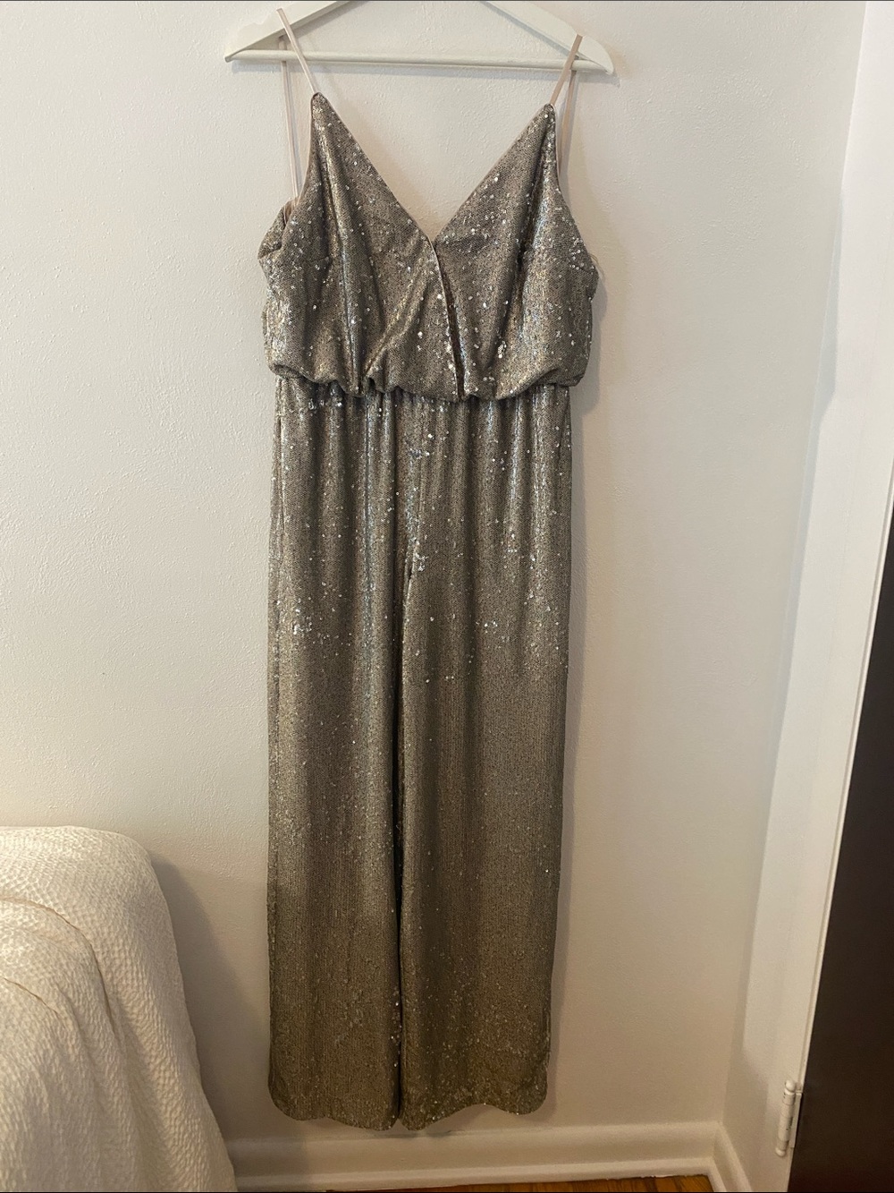 Aidan Mattox Metallic Sequin V-Neck Jumpsuit in Silver